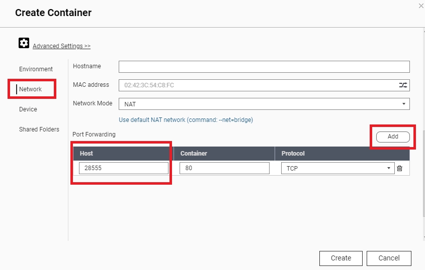 Creating contener - network tab