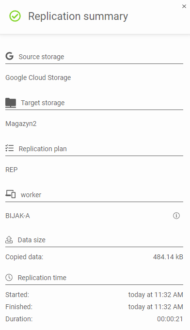 Replication summary in the replication task