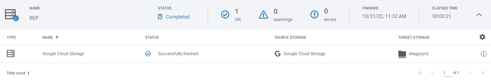 A row with task information in the Task tab in the Xopero ONE Management Service