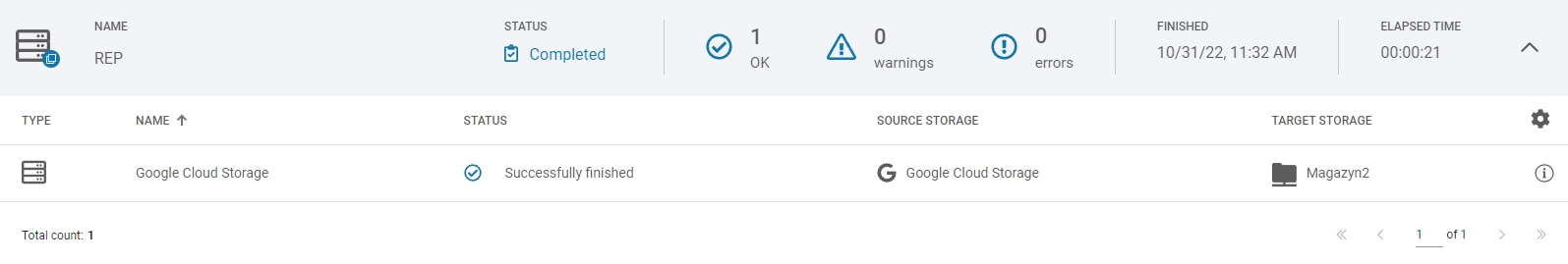 A row with task information in the Task tab in the Xopero ONE Management Service