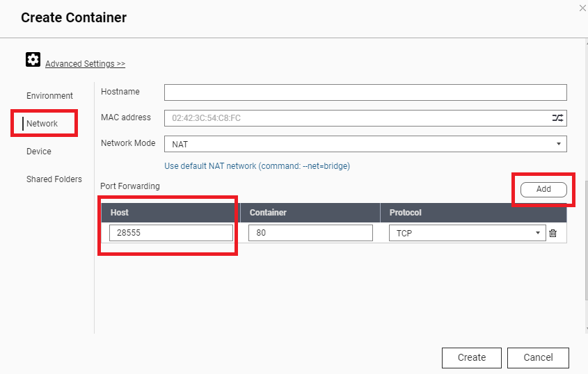 Creating contener - network tab
