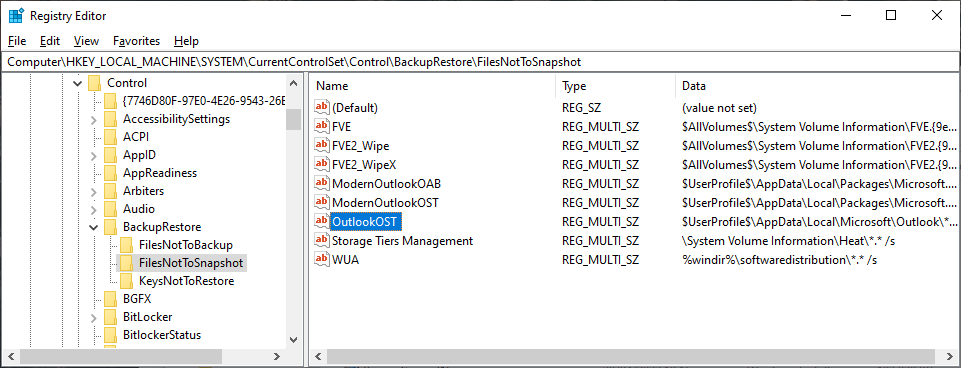 FilesNotToSnapshot registy key in the regedit