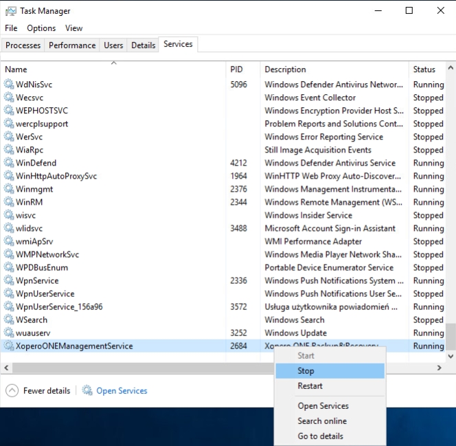 services in Task manager in Windows