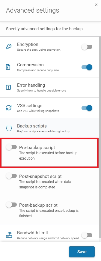 Enabling pre-backup script