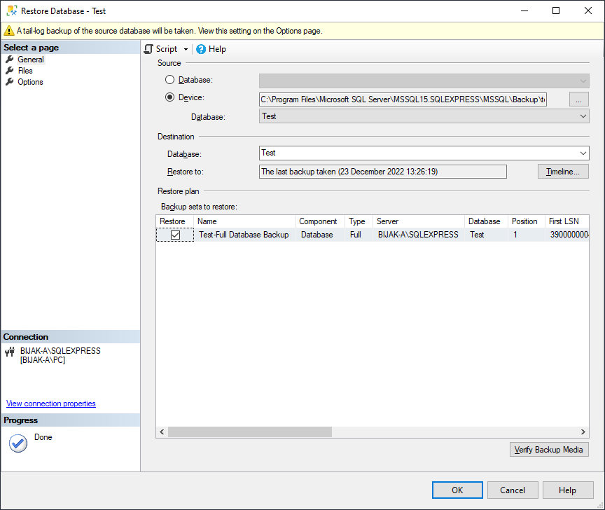 Selecting the database dump to restore